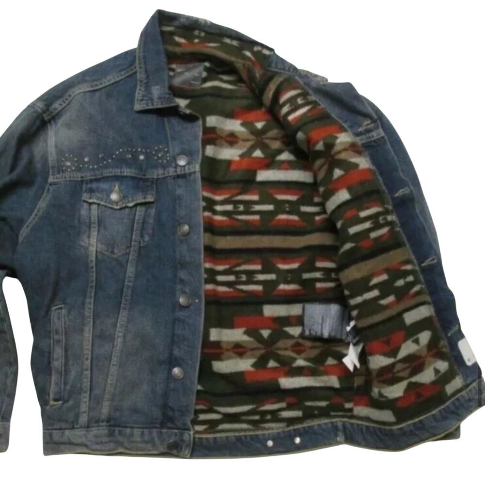 ZARA MAN Western Studded Aztec Flannel Lined Denim Trucker Jacket NWT Size Large - Picture 5 of 7